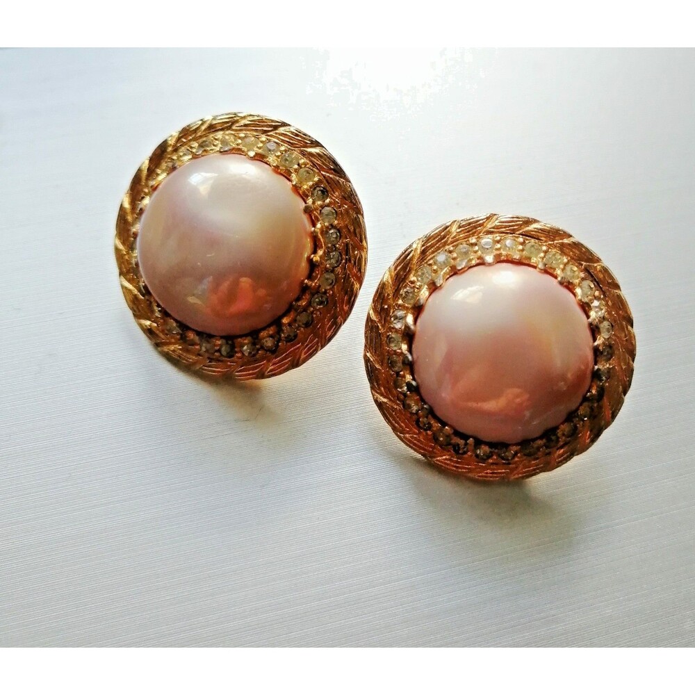 Vintage High End Earrings Faux Pearl Clip On Rhinestone Gold Tone Statement